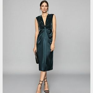 Reiss Ivvy Plunge teal green satin midi dress